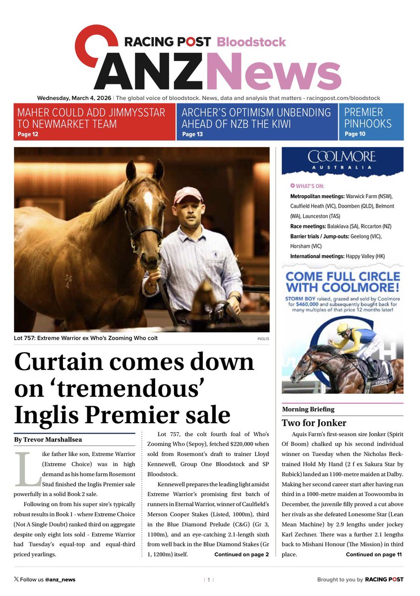 In today’s ANZ News 📮🏇

⭕️ Curtain comes down on ‘tremendous’ Inglis Premier sale 👏

⭕️ Maher could add Jimmysstar to Newmarket team ⭐️

⭕️ Entries for Inglis Weanling Sales Series closing soon 📖

Read more here > anzbloodstocknews.com/editions/2026-…