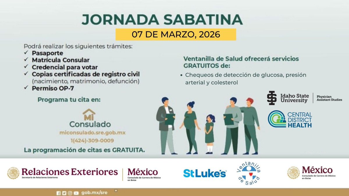 ⚠️ ¡#JornadaSabatina el 07 de Marzo! ⚠️
✅ Pasaporte Mexicano
✅ Matrícula Consular
✅ Credencial para Votar
📢 ¡Ya puedes agendar tu cita!
Agenda tu cita:
☎️ 1 424 309 0009
💻 citas.sre.gob.mx
🇲🇽 🤝 🇺🇸