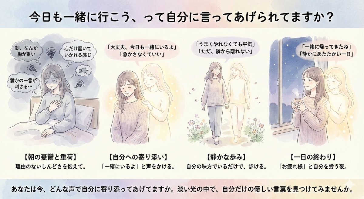 xwv821's tweet photo. 今日も一緒に行こう、って
自分に言ってあげられてますか？

朝起きた瞬間に、
なんか胸が重いときがある。

理由もはっきりしないまま、
ちょっとしんどい。

だれかの一言が思ったより刺さって、
ずっと頭からはなれなかったり。

やることは山積みなのに、
心だけがどこかに置いていかれてる感じ。

そういうとき、自分を急かすより先に
「大丈夫、今日も一緒にいるよ」って
そっと言ってあげたい。

うまくやれなくても大丈夫。
ただ、自分の隣から離れないこと。

それだけで、
なんとか歩いていける日って
思ってたより多い気がして。

誰かに応援してもらえなくても、
自分が自分のそばにいるだけで
あたたかい一日になる🍀

今夜、「一緒に帰ってきたね」って
自分に言えたらそれでいい。

あなたは今、どんな声で
自分に寄り添ってあげてますか？☺️
