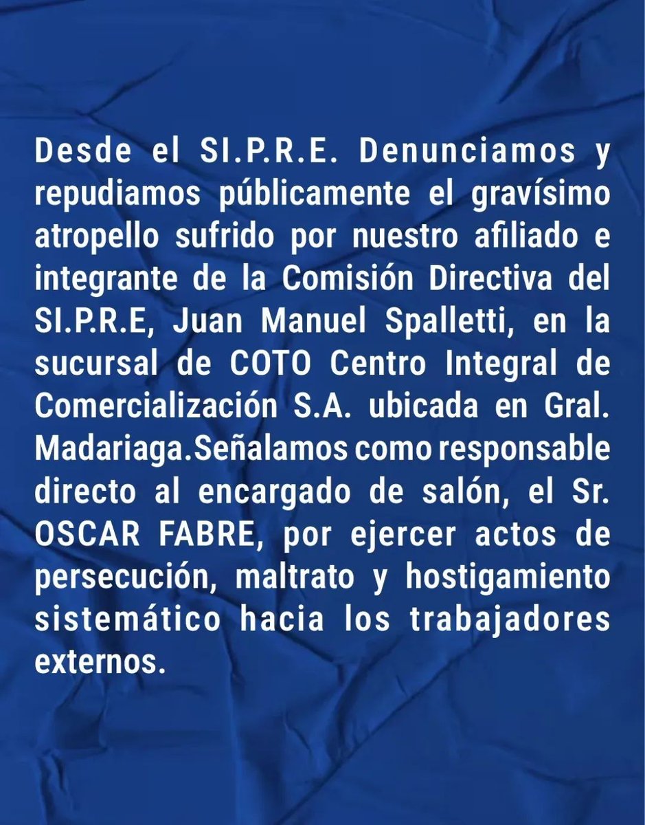 Marianodeanton1's tweet photo. EL SINDICATO DE REPOSITORES EXTERNOS DENUNCIA Y REPUDIA

Desde el SI.P.R.E. Denunciamos y repudiamos públicamente el gravísimo atropello sufrido por nuestro afiliado e integrante de la Comisión Directiva del SI.P.R.E  Juan  Spalletti, en la sucursal de @coto_ar @MundoGremial https://t.co/bectI3RJ3H