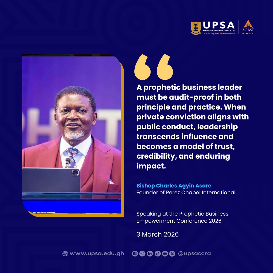 upsaccra's tweet photo. Be audit proof in life and leadership. When private beliefs match public actions, you set a standard. Bishop Charles Agyin Asare at Prophetic Business Empowerment Conference 2026. #LeadershipByExample #Credibility #FaithAndWork https://t.co/UnOASFzgfe