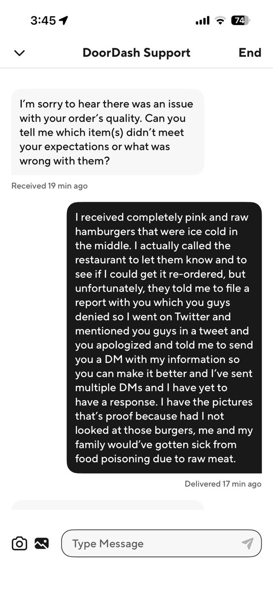 PenelopeLulu28's tweet photo. Wow! I just contacted @DoorDash & @DoorDash_Help on their app & check out their responses! I’m laughing inside, but actually angry AF. So y’all won’t eat raw burgers, yet I should since you can’t give me a credit. You guys are a joke. #DoorDash #DoorDashSucks #DoorDashScam https://t.co/ZDYjEBE4FH