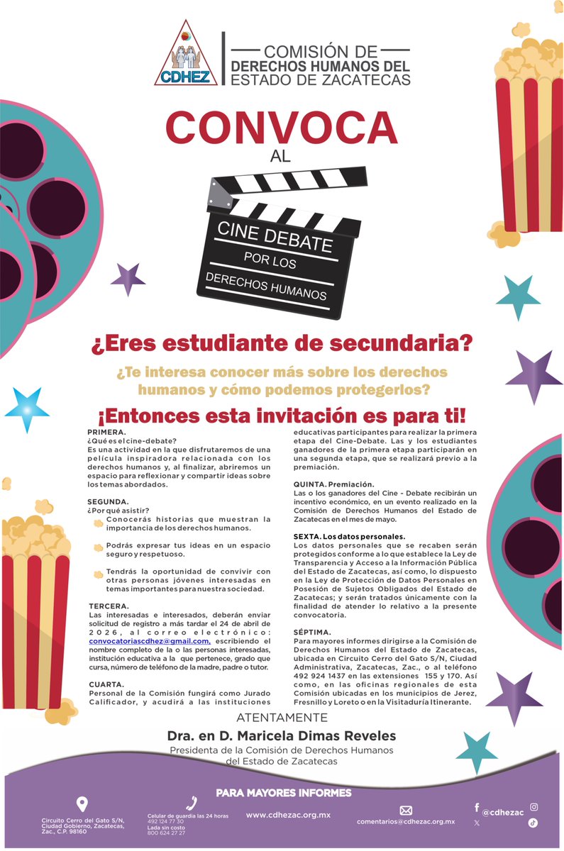 🎬 #Zacatecas | <a href="/CDHEZAC/">CDHEZ_oficial</a> lanza convocatoria "Cine-Debate por los Derechos Humanos" para estudiantes. Reflexiona sobre derechos a través del cine. Registro hasta el 24/04/2026.

Link: direccioneszac.com/cdhez-invita-a…