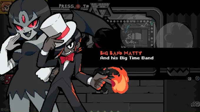 (Spoilers) Boss intro art for Big Band Matty and his Big Time Band. It took a few revisions to get a good pose that fit the big lady in the frame, and I like how it came out in the end!
