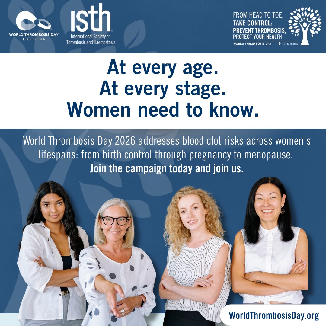 thrombosisday's tweet photo. From the first birth control prescription to the postpartum period to menopause, women face unique blood clot risks at every stage of life. This October 13, #WorldThrombosisDay 2026 is putting women's health front and center. 

Get the facts: https://t.co/rUXQYpelS7 #WTDay26 https://t.co/12Atq0GzIv