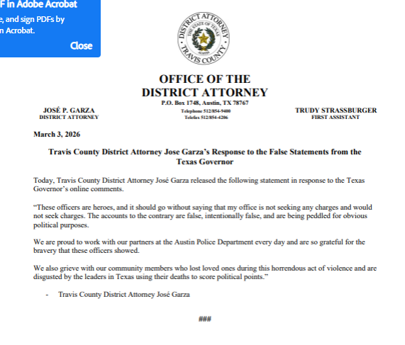 Travis Co DA says his office is not seeking any charges and would not seek charges for officers who shot and killed gunman involved in Sunday morning's mass shooting in Austin. Garza says, "These officers are heroes"