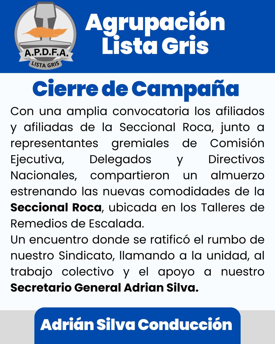 ApdfaListaGris's tweet photo. Cierre de campaña con afiliados y afiliadas de la Seccional  Roca 
#AdrianSilvaClnduccion
#LaListaEsGris https://t.co/v8Sy4m5caQ