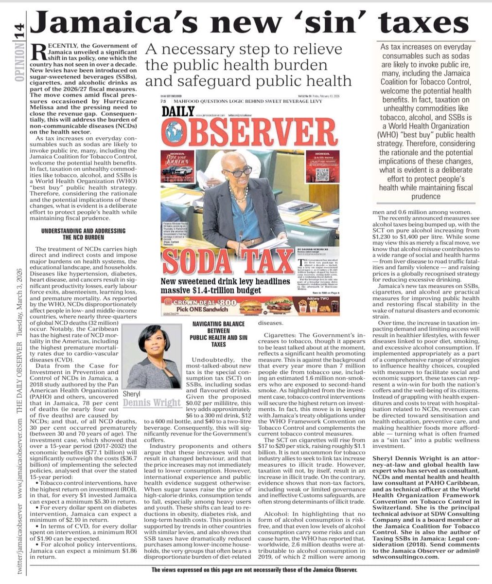 SherylDWright's tweet photo. "...revenues can be directed toward sensitization and health education,  preventive care, and making healthier foods more affordable - turning what is often framed as a 'sin tax' into a public wellness investment".@JamaicaObserver @themohwgovjm @SDWconsultingCo https://t.co/Z3BkeB1X3v
