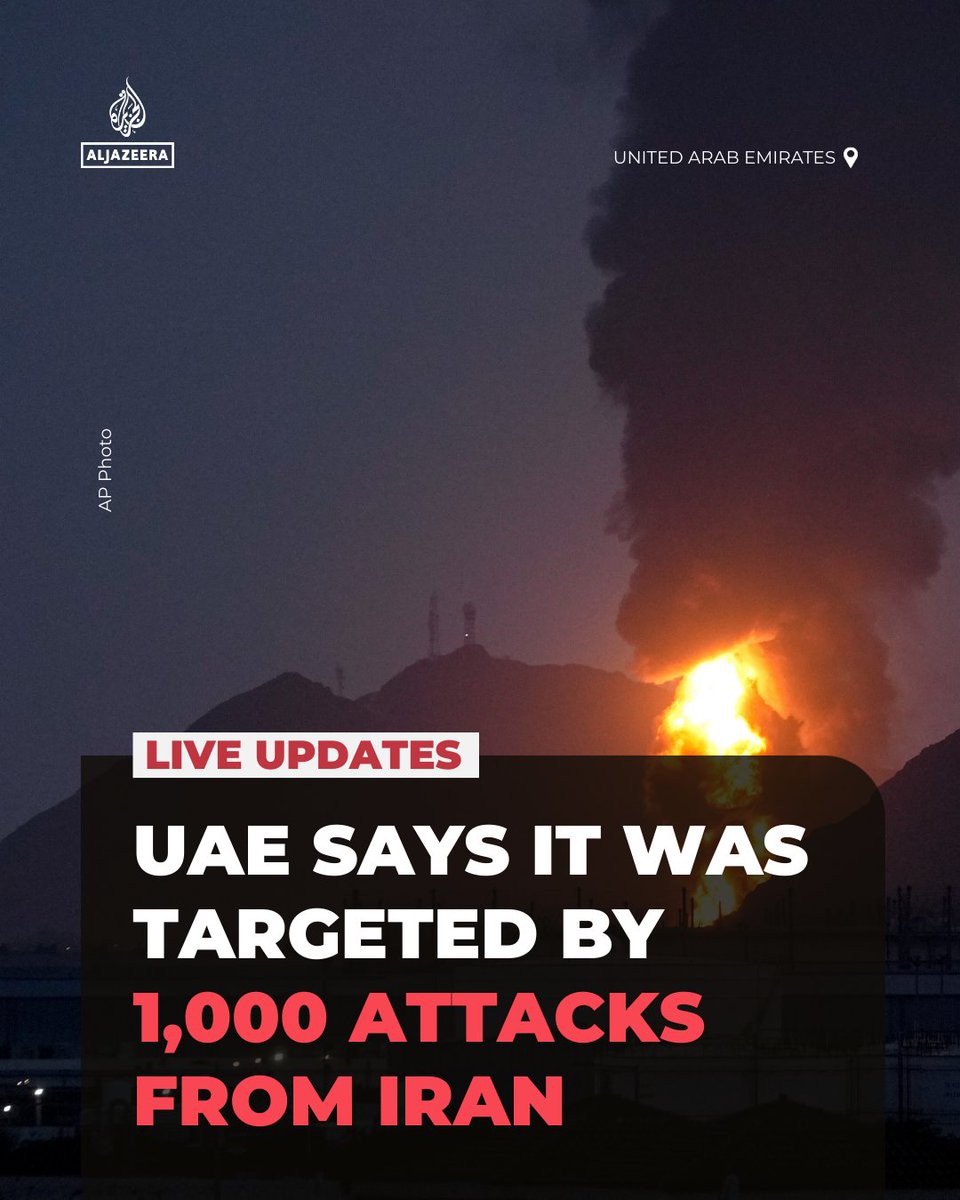 The UAE says it has been targeted by more than 1,000 attacks from Iran, a number that according to the Foreign Ministry exceeds the combined total of attacks suffered by all other targeted countries.  

🔴 LIVE updates: aje.news/unl36o