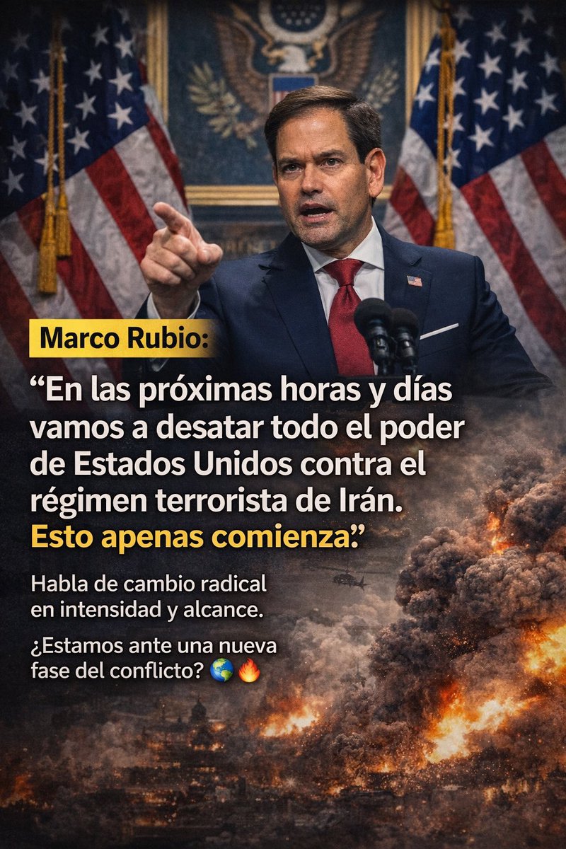 🚨 ÚLTIMA HORA | EE.UU. sube el tono al máximo.

Marco Rubio:
“En las próximas horas y días vamos a desatar todo el poder de Estados Unidos contra el régimen terrorista de Irán. Esto apenas comienza.”

«Estamos desmantelando este régimen terrorista de una vez por todas.»

🌍🔥