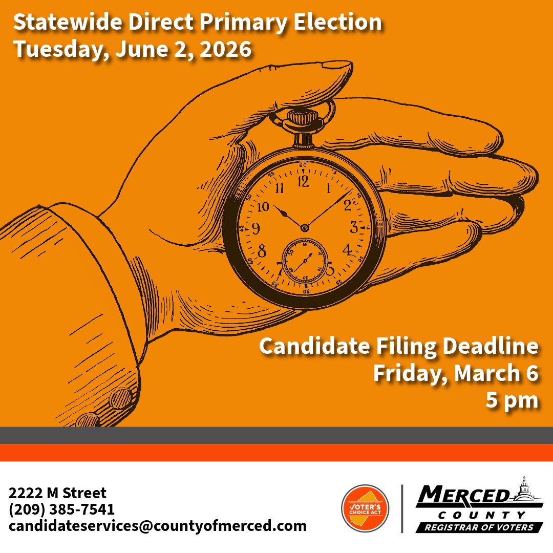 MercedCountyROV's tweet photo. Candidate filing for the June 2, 2026, Statewide Direct Primary Election will close this Friday, March 6 at 5 pm. #Vote #Elections

La presentación de candidaturas para la Elección Primaria Directa Estatal del 2 de junio de 2026 cerrará este viernes 6 de marzo a las 5 pm. https://t.co/Xu1utv2eXF