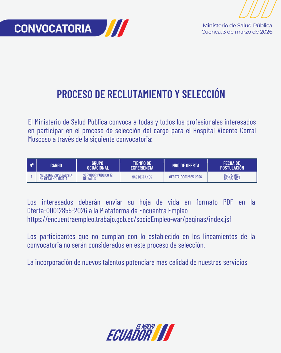 #Convocatoria | El Hospital Vicente Corral Moscoso invita a participar en la convocatoria para selección de personal, bajo la modalidad de servicios ocasionales.