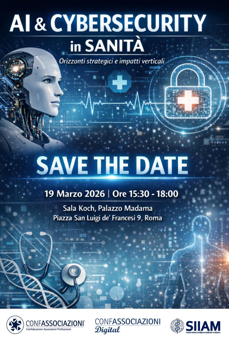 AngeloDeianaTW's tweet photo. Ecco il #programma della #conferenza su "AI e #Cybersecurity in #sanità: #orizzonti strategici e #impatti #verticali" organizzata da @ConfAssTW Digital al #SenatodellaRepubblica il #19marzo. Vi aspetto...
#Confassociazioni #laretedellereti #IA #Ai #ConfassociazioniDigital https://t.co/T5NZfXyFot