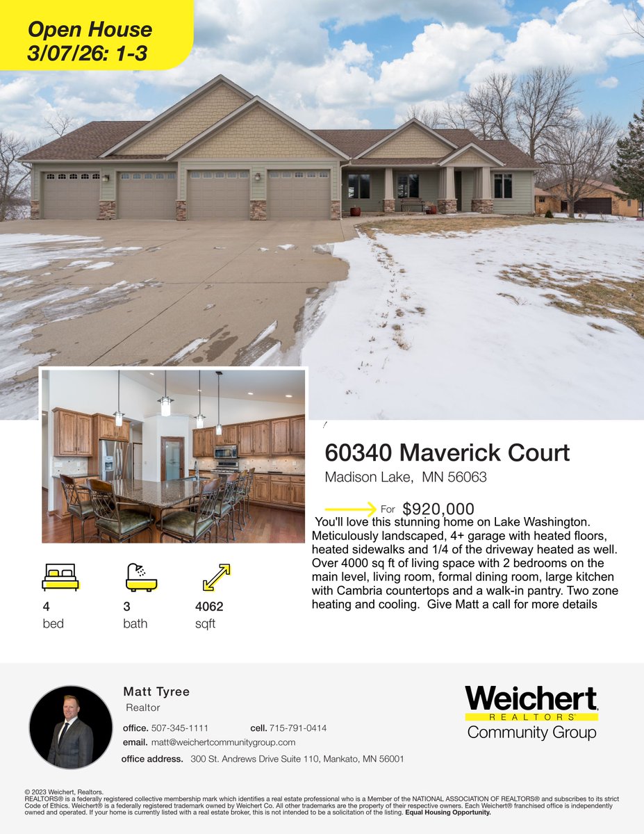1057Rich's tweet photo. Join Matt Tyree for an Open House this Saturday from 1pm-3pm at 60340 Maverick Court on  Lake Washington.  Call or text Matt for more details 715-791-0414 https://t.co/jbijd6CeAz
