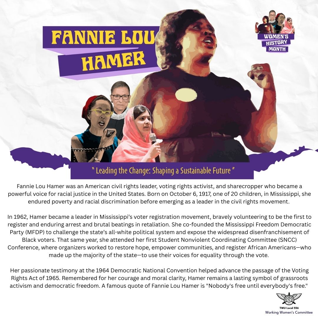 TWU556's tweet photo. Fannie Lou Hamer was an American civil rights leader, voting rights activist, and sharecropper whose courage helped bring national attention to the fight for equal voting rights and justice. https://t.co/KQVQmgj2GY