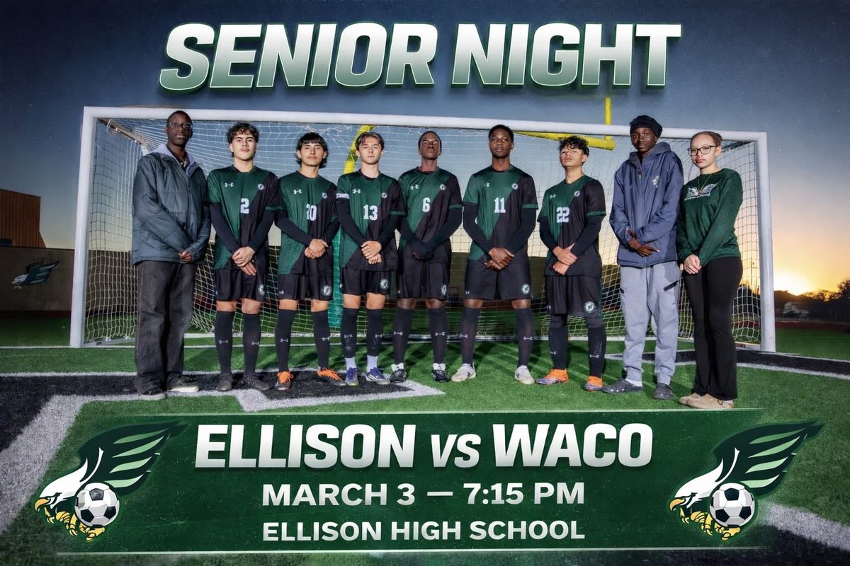 Ellison_Soccer's tweet photo. It’s a special game day!!
Senior night!!
🆚Waco
📍EHS field
⏰5:30 JV, 7:15 Varsity 
Come loud as we celebrate our seniors!⚽️🦅 https://t.co/2z5wnnvXre
