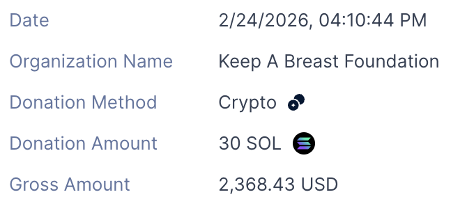 WOW. What a surprise.

Someone just donated 30 SOL to KAB via <a href="/TheGivingBlock/">The Giving Block</a>.
We are beyond grateful. Thank you so much.
Whether it’s through creator fees or direct donations, this $boob crew continues to show up with generosity, heart, and real support.

We see you. We