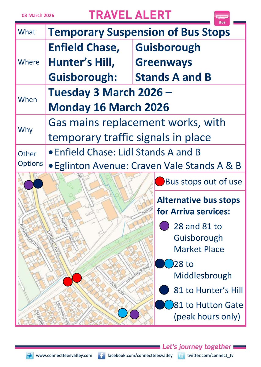 ENFIELD CHASE, HUNTER'S HILL, GUISBOROUGH: Guisborough Greenways Stand A &amp; B bus stops suspended Tuesday 3 - Monday 16 March. For Arriva services 28 &amp; 81 use stops in Enfield Chase (Lidl) and Eglinton Avenue (Craven Vale). connectteesvalley.com/data/travelale… <a href="/RedcarCleveland/">Redcar & Cleveland</a> <a href="/arrivanortheast/">Arriva North East</a>