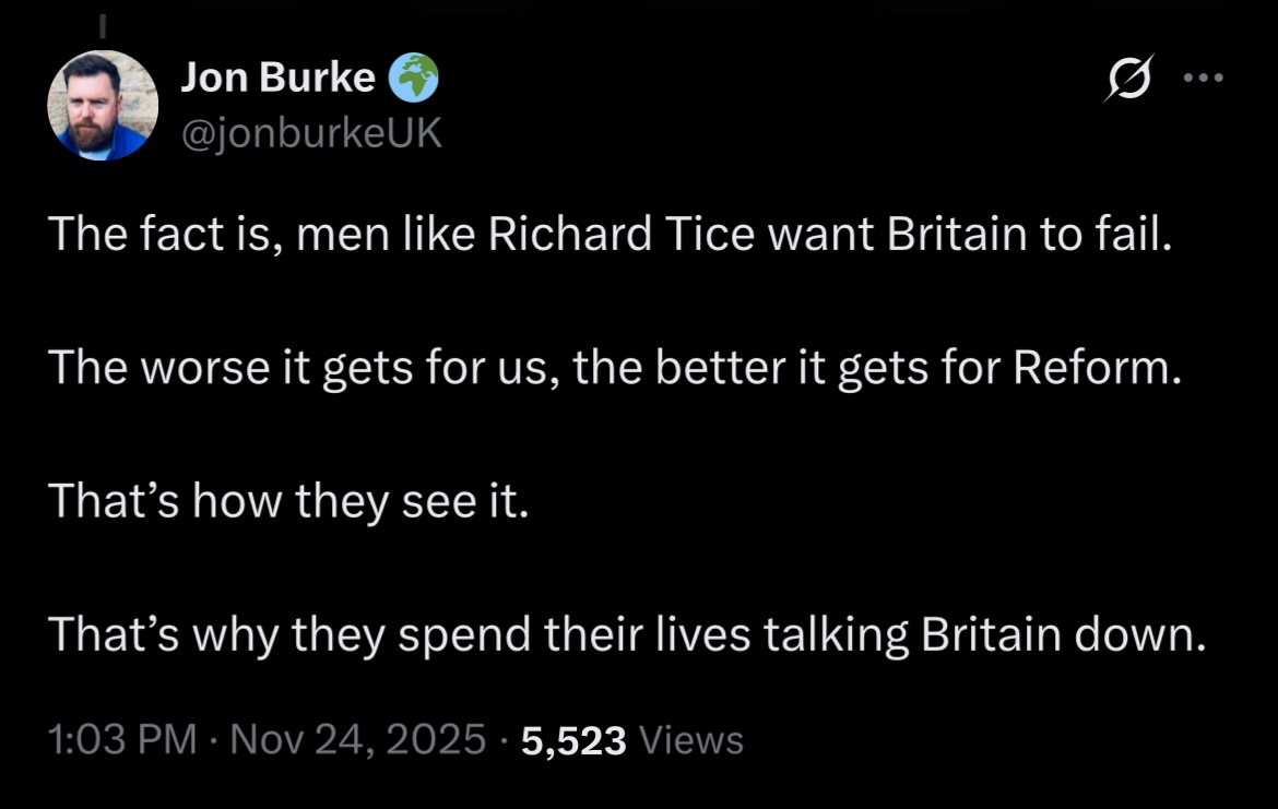 With the hysterical reaction of the U.K right to Starmer’s refusal to back Operation Epic Epstein Cover Up, people are just beginning to notice that there’s nothing patriotic about those who constantly talk Britain down and gleefully regurgitate Trump’s lies.