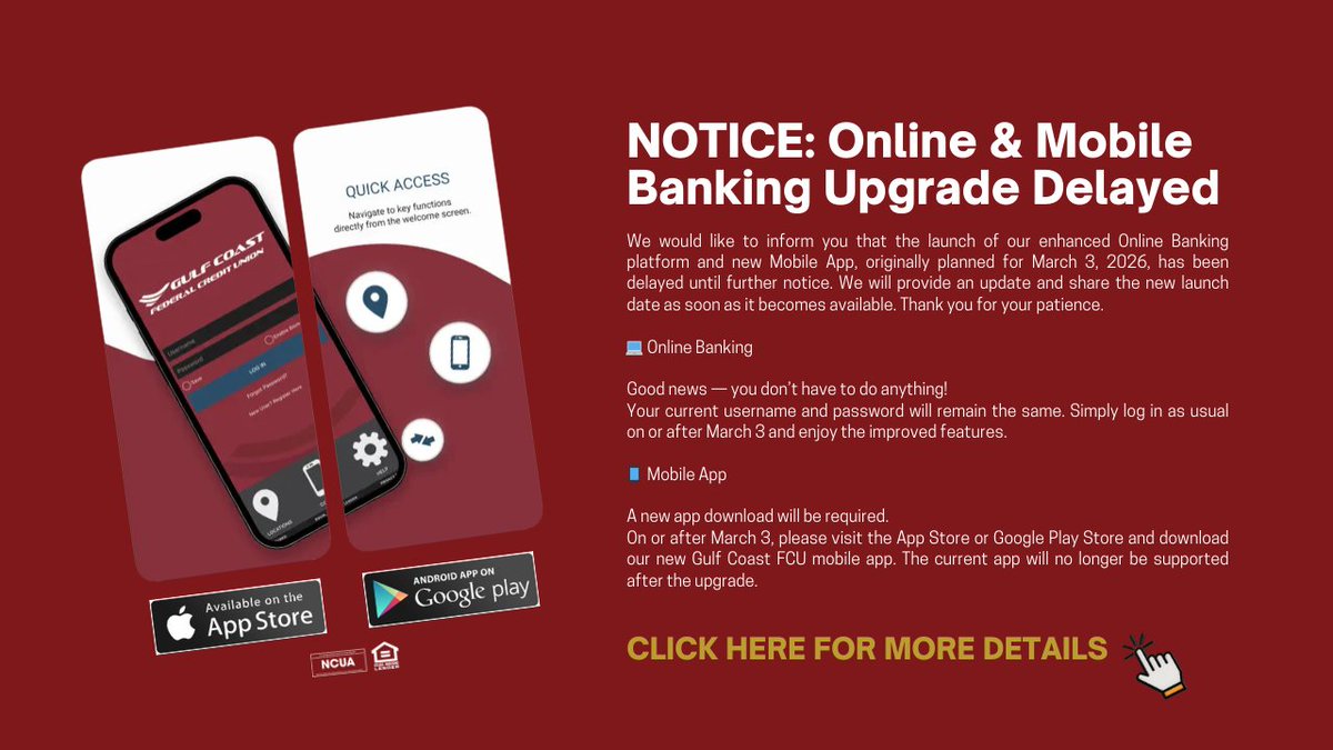 gulfcoastfcu's tweet image. 🚨✨ NOTICE: Online &amp;amp; Mobile Banking Upgrade Delayed ✨🚨

At Gulf Coast Federal Credit Union, we’re always working to enhance your digital banking experience. 💙

#GCFCU #MemberUpdate #OnlineBanking #MobileBanking