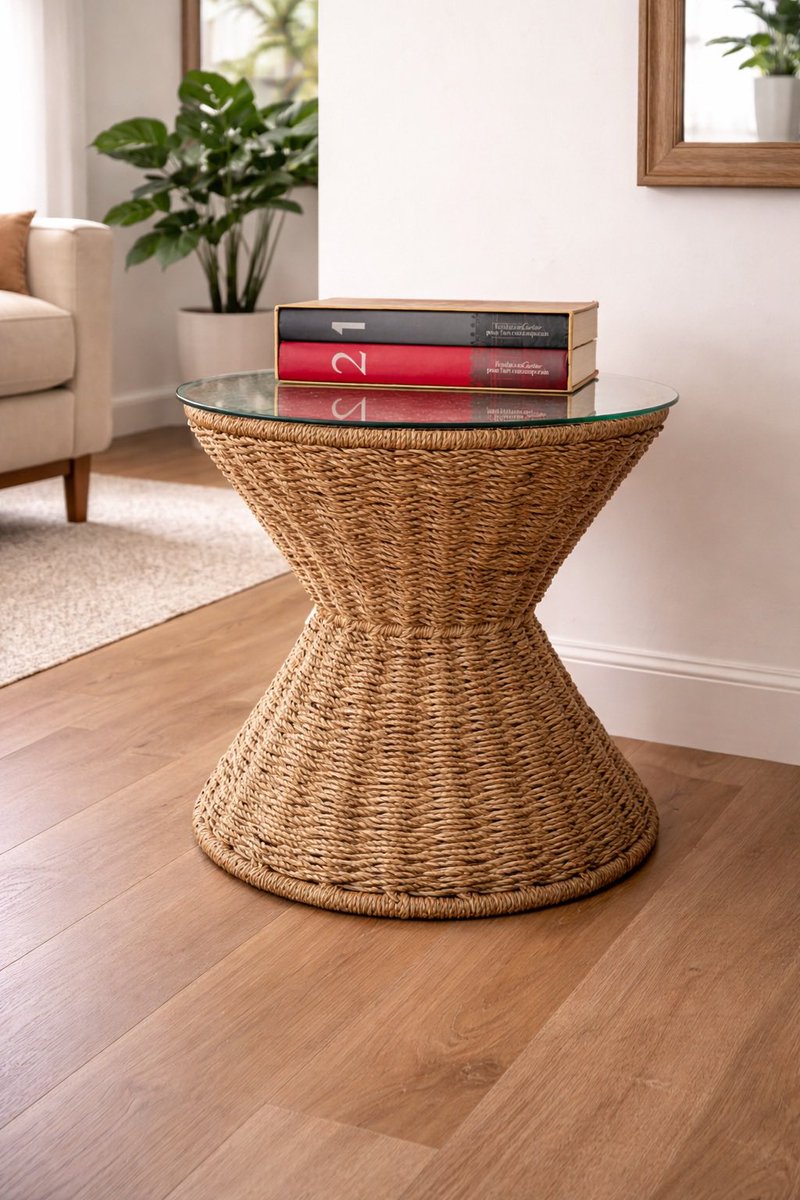 The hourglass measures time.

This table measures transformation.

Handwoven from water hyacinth, our sculptural hourglass accent table turns invasive plants into enduring design.

Not just furniture. A keeper of cycles.

#MitiMeth #circulardesign  #handmade #table