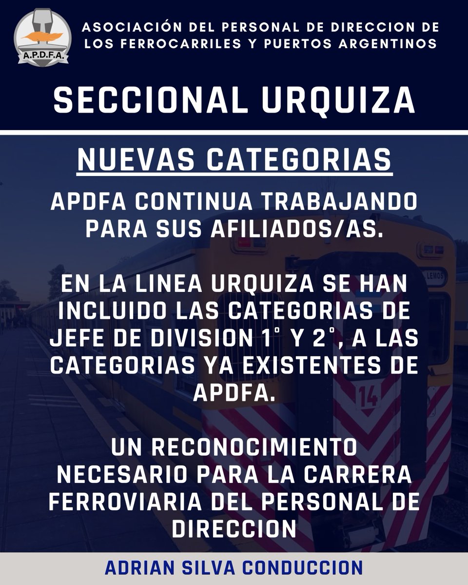 SECCIONAL LACROZE URQUIZA
Nuevas Categorias.

En la Linea Urquiza se han incluido las categorias de Jefe de División 1° y 2°, a las Categorias ya existentes de APDFA.

Un reconocimiento necesario para la carrera ferroviaria del personal de Dirección.