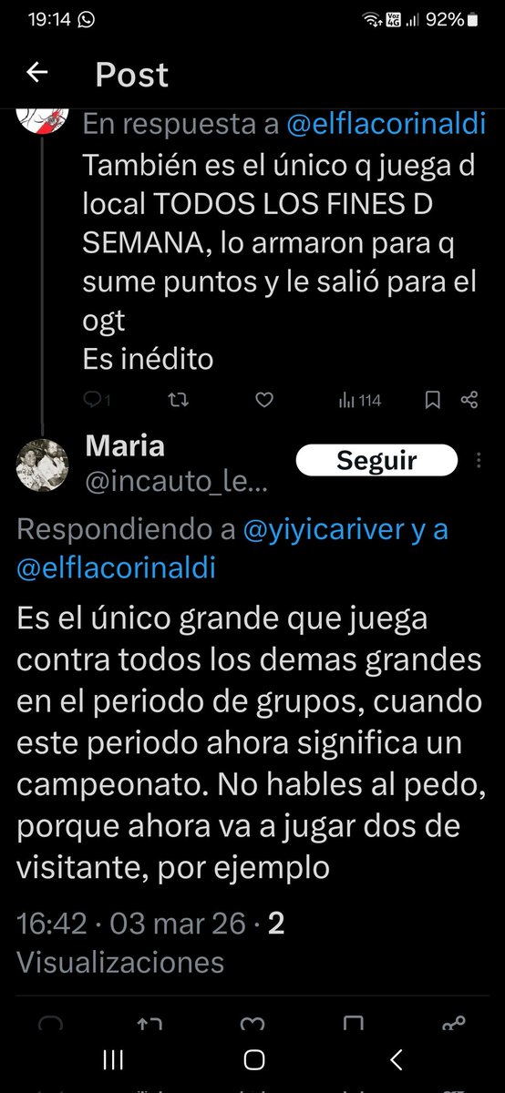 Asi son los bostas, les contestas  y t bloquean
Si, boluda, d 8 fechas 5 JUGASTE DE LOCAL SIEMPRE FIN DE SEMANA y ni asi suamaste d a 3
Solo con Velez y Estudiantes saliste d la boca, obvio q mañna sos visitante hasta el próximo finde
A River le toca día d semana y tarde
Chanta
