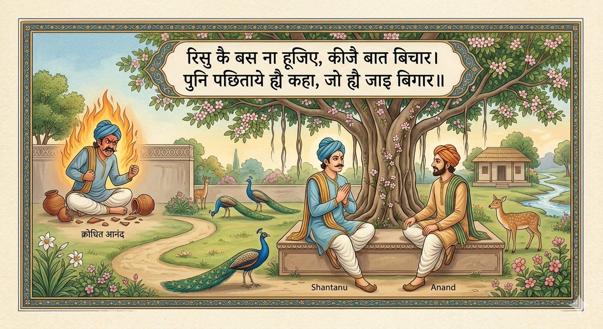 AarTee33's tweet photo. रिसु कै बस ना हूजिए, कीजै बात बिचार।
पुनि पछिताये ह्वै कहा, जो ह्वै जाइ बिगार॥

~ जान कवि
#दोहा  #लेखनी ✍️ 
भावार्थ : हमें कभी भी क्रोध के वश में होकर कोई काम नहीं करना चाहिए; हमेशा सोच-विचार कर ही बात करनी चाहिए। क्योंकि एक बार जब काम बिगड़ जाता है, तो बाद में पछताने से कोई लाभ नहीं होता।