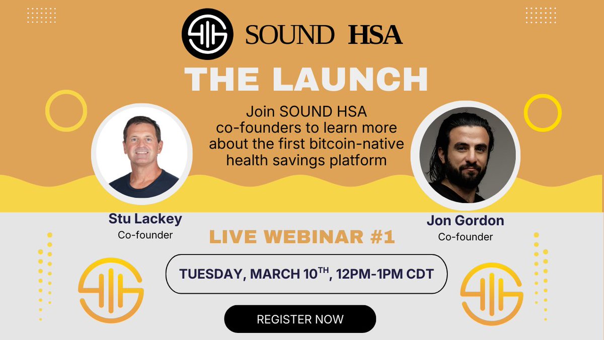 getsoundHSA's tweet photo. Join us next Tuesday, 3/10 at 12pm central for our first live webinar to celebrate our full launch of the first bitcoin-native health savings platform! 

Our co-founders @thebitcoinyogi and @StuartLackey1 will go over our "why" and more details on our #bitcoin #HSA product. 🙌 https://t.co/yUDdSZrKGR