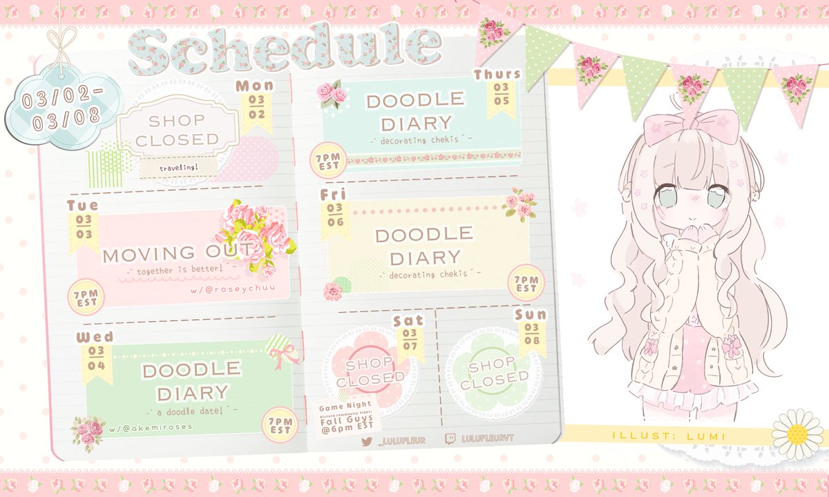 _lulufleur's tweet photo. ˗ˏˋ Weekly Schedule ˎˊ˗  ┊ Mar 02 - Mar 08
Welcome March, the start of Spring! 🌷 I'm excited for warmer weather, blooming flowers, and bright smiles as we head into this new month together! This week we'll be playing with @roseychuu + @Akemiroses_vt (ㅅ´ ˘ `) ♡જ⁀➴ #floralulu https://t.co/BmByVvpWy5