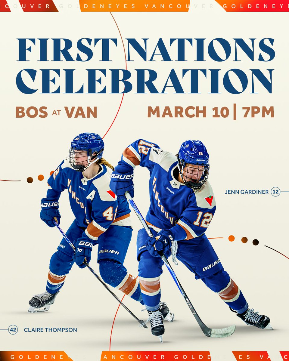 PWHL__Vancouver's tweet photo. Join us on March 10th for our First Nations Celebration 🧡

🎟️: https://t.co/1rnohU59Y0 https://t.co/5J5dhrdycL