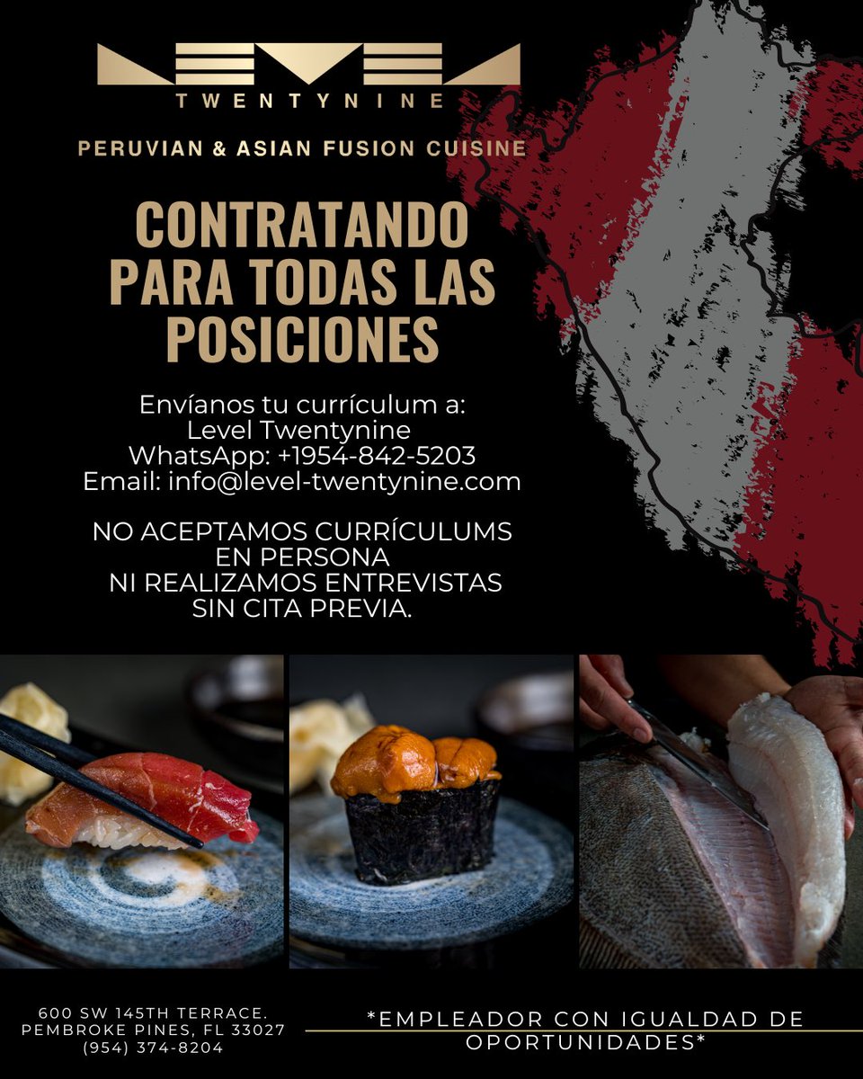 LevelTwentynine's tweet photo. #nowhiring #PembrokePinesJobs #MiamiJobs #Peruvianfusionrestaurant https://t.co/ZQM0YOaam9