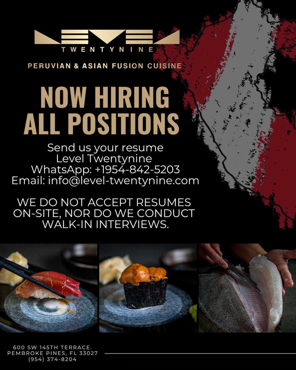 LevelTwentynine's tweet photo. #nowhiring #PembrokePinesJobs #MiamiJobs #Peruvianfusionrestaurant https://t.co/ZQM0YOaam9