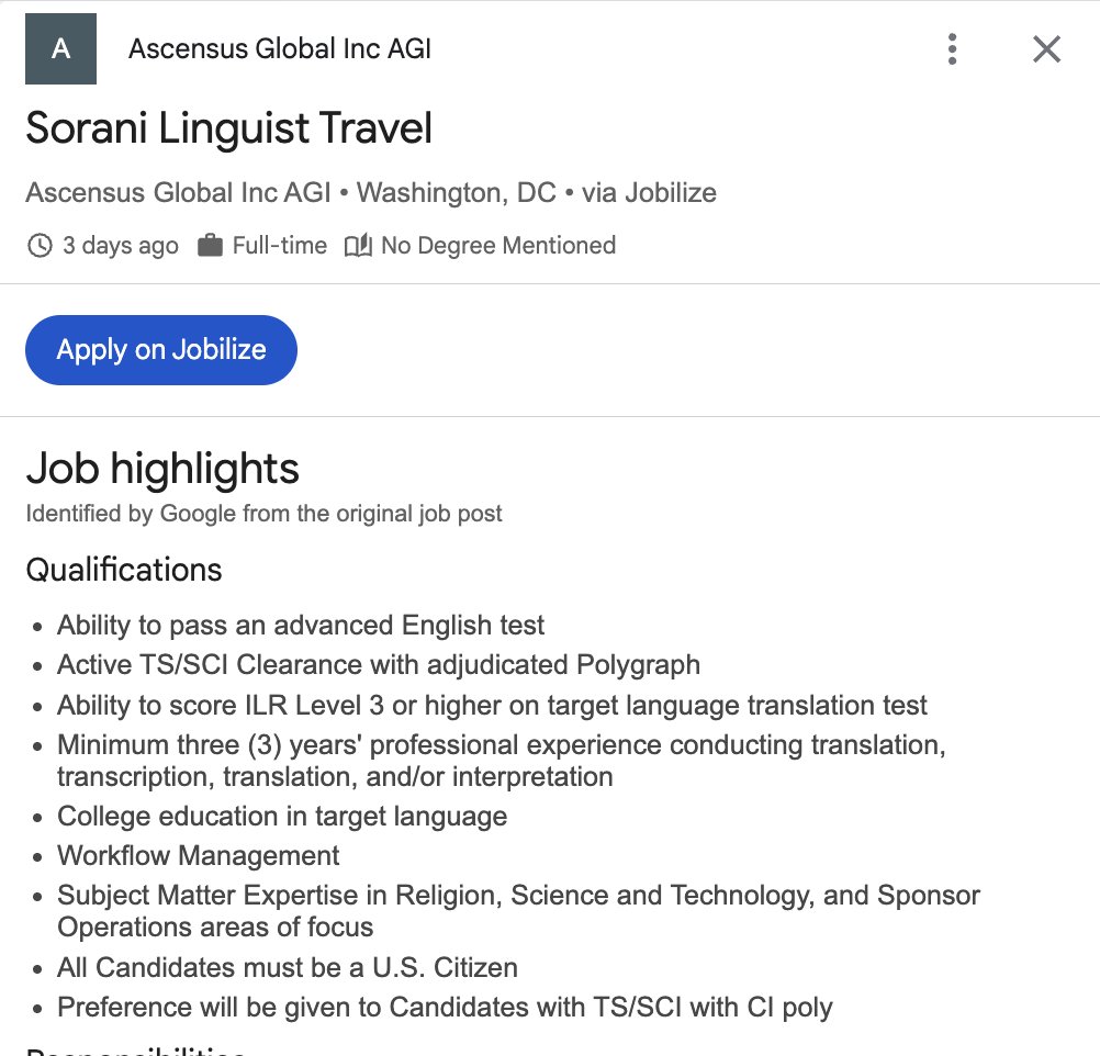 Kurdish language specialists with TSC/SCI clearance started going up last week across major defense contractors.