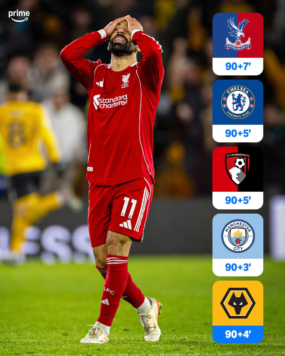 Liverpool are the first side ever to concede 𝗙𝗜𝗩𝗘 stoppage time winners in a single Premier League season ❌⏱️🫠