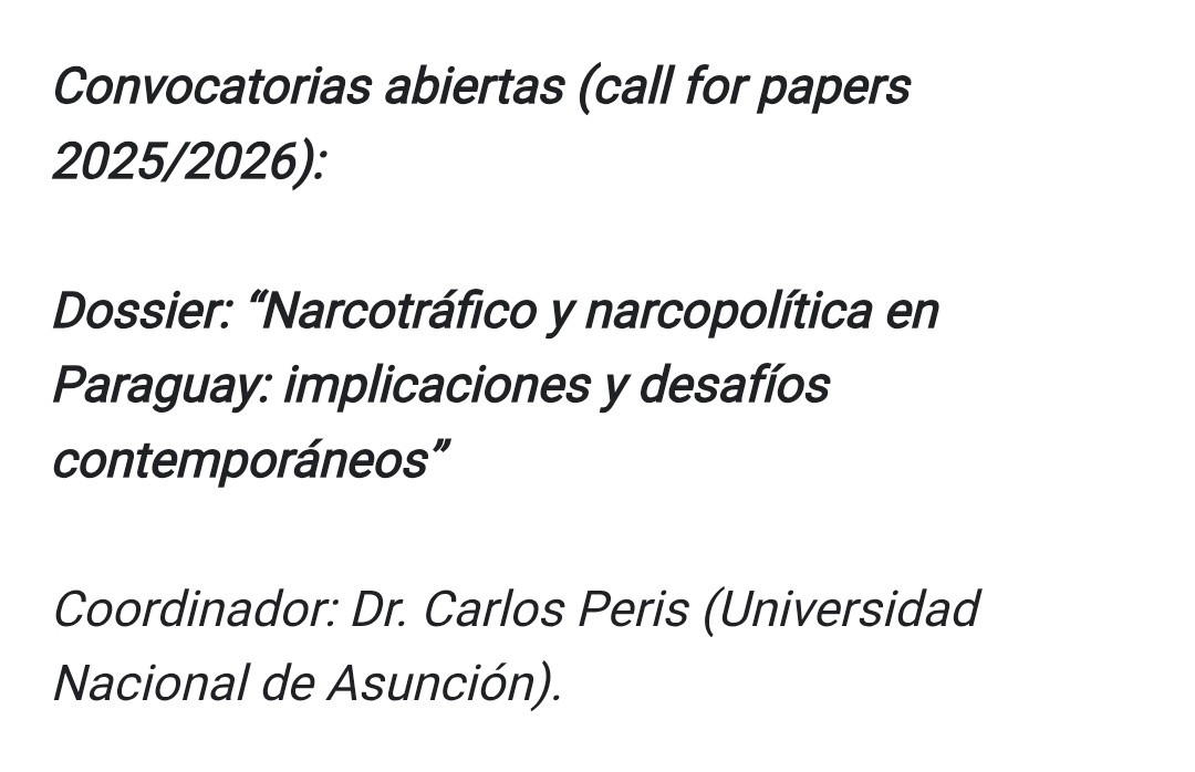 GESP_UBA's tweet photo. La Revista Paraguay desde las Ciencias Sociales convoca a enviar artículos que aborden la temática de narcotráfico o narcopolítica en Paraguay y en la región.

Envíen sus trabajos a https://t.co/FyTso2XJ4M https://t.co/Ov1kTGrSgL
