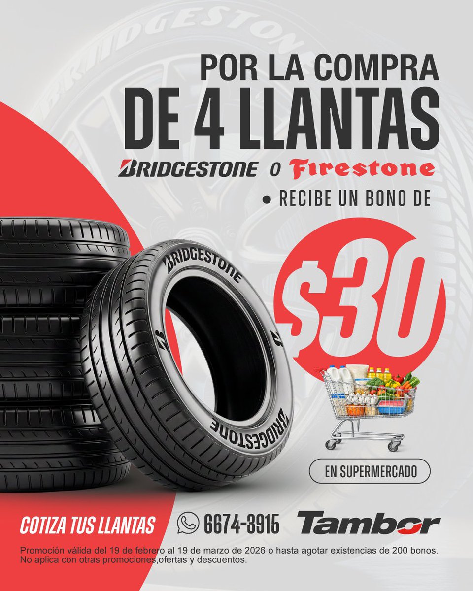 traficocpanama's tweet photo. Con @TamborPanama siempre ganas. Ganas seguridad. Ganas llantas de calidad. Y ahora, ganas un bono de $30.

Compra 4 llantas Bridgestone o Firestone y recibe tu bono. Más agarre, más estabilidad en carretera y, ahora, más beneficios para ti.

En Tambor, sabemos de autos. Cotiza ahora:  279-4505 / 6674-3915 

#tamborpanama #autospanama #llantaspanama #llantasbridgestone #llantasfirestone