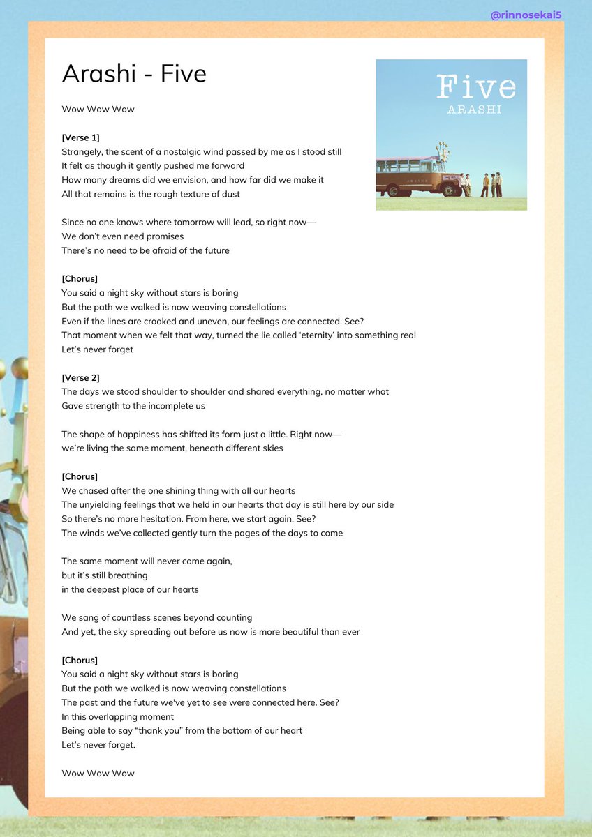 Arashi - Five [English Lyrics Translation]

It's been a while since I do some translation for Arashi
This is my first time translating a song, so its kinda a challenge for me too, but it's really fun!

Hope this help! 💜