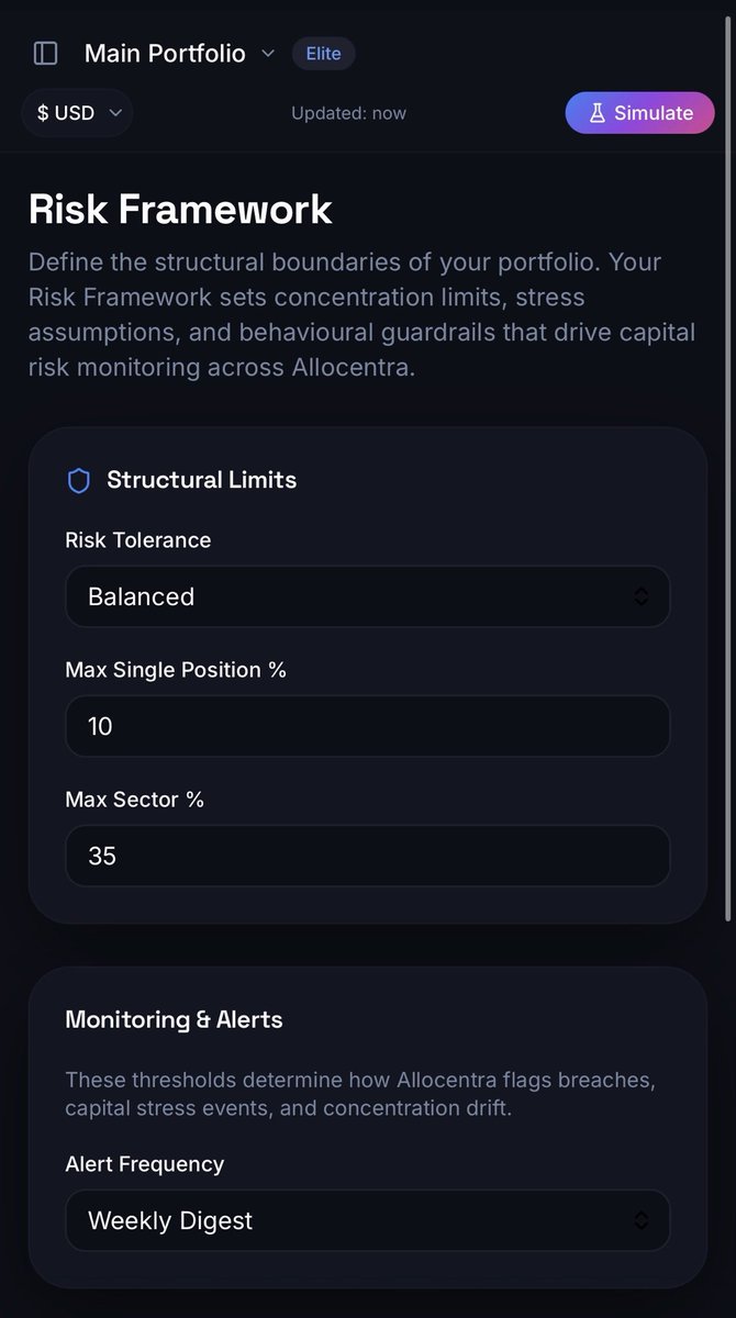 iamperwaz's tweet photo. Most investing apps show you gains.

I’m building Allocentra to show you risk.

It tells you:
• If you’re too concentrated  
• How exposed you are in a crash  
• Where your portfolio is fragile  

Building this in public.

#buildinpublic #fintech #investing https://t.co/ZcFKPQZWFG