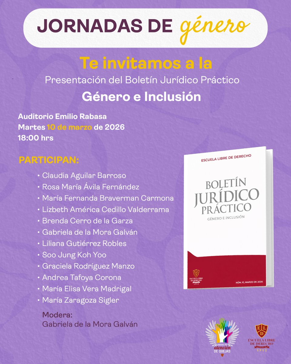 Género e inclusión desde la práctica jurídica.

📘 Te invitamos a la Presentación del Boletín Jurídico Práctico, un espacio de diálogo y análisis con destacadas especialistas.

🗓 10 de marzo | 18:00 hrs
📍 Auditorio Emilio Rabasa

<a href="/UAQ_ELDoficial/">@UnidaddeQuejasELD</a>