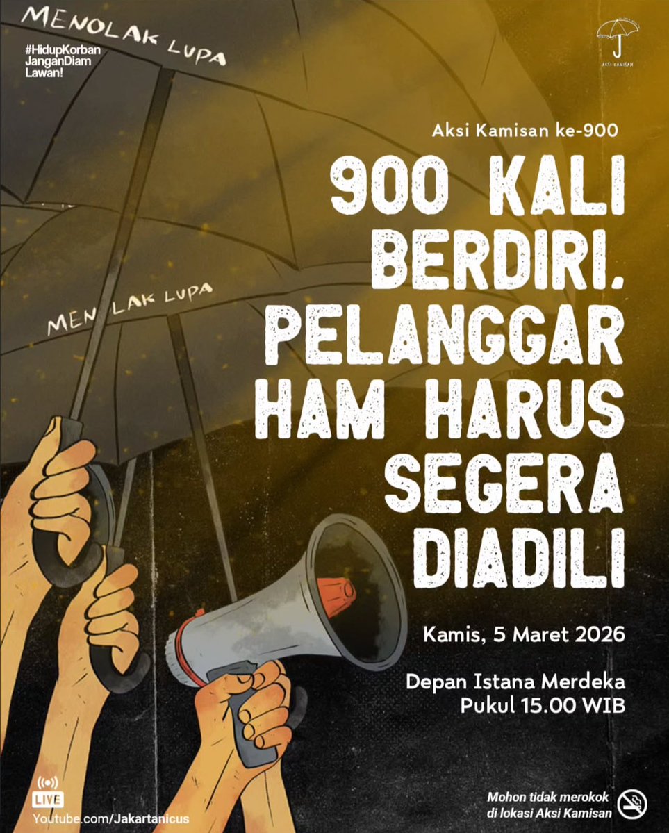 Jangan lupa untuk menghadiri Aksi Kamisan ke-900, terus hadir, terus organisir diri, dan terus berisik sampai keadilan ditegakkan!

Depan Istana Merdeka jam 15.00 WIB ✊