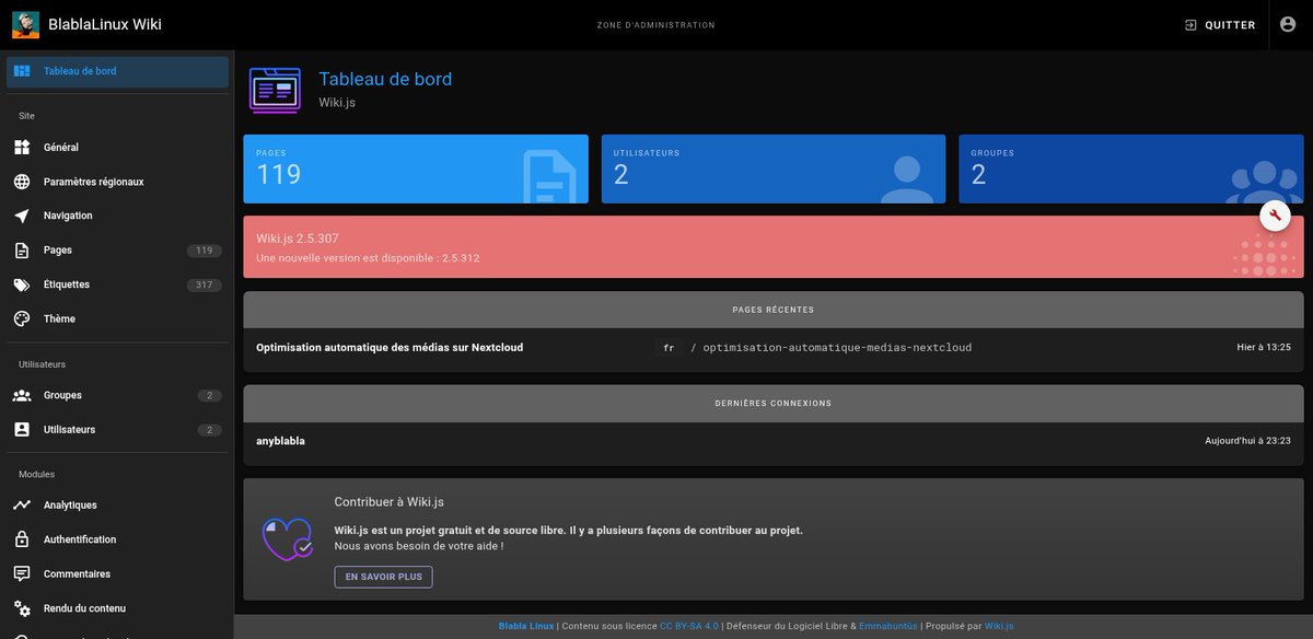 BlablaLinux's tweet photo. BA de la soirée faite ! ✅😇
J'ai remonté le bug au dev de Wiki.js pour le problème de version. On est bien à jour, c'est juste l'image qui est un peu perdue ! 😅
#SelfHosted #Wikijs https://t.co/XYbXkSZbJ9