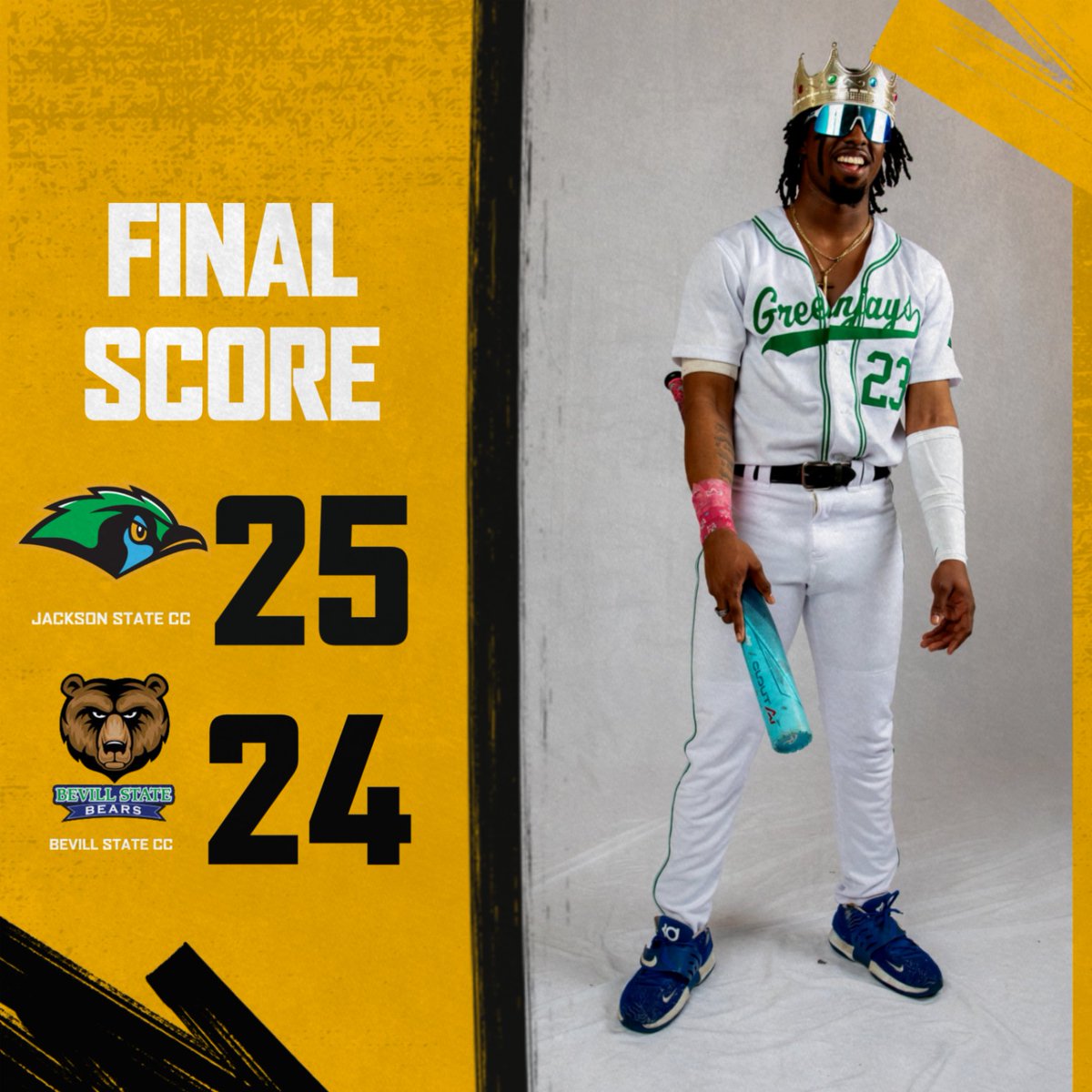 JSCCGreenjays's tweet photo. Down 20–8 in the 5th… and the Green Jays battled all the way back!

Jackson State Community College Green Jays Baseball storms back to win 25–24 over Bevill State at Jack Martin Field!

What. A. Comeback.

#TheStandard #Distinct https://t.co/mwpsu7cnUA