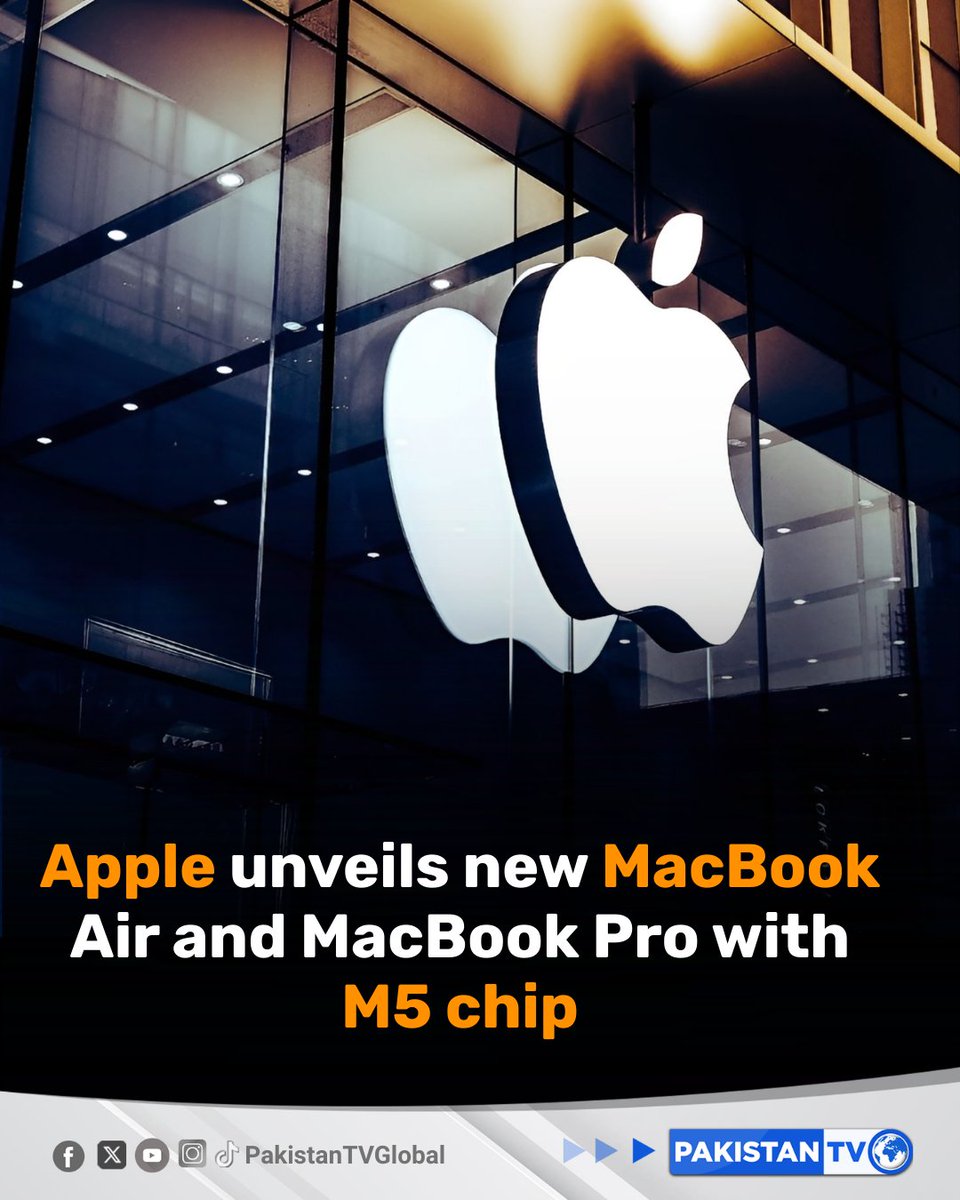 PakTVGlobal's tweet photo. Apple introduced new MacBook Air and MacBook Pro laptops powered by its latest M5 chips. The Pro line-up debuts alongside the new M5 Pro and M5 Max processors, which Apple says feature its most advanced CPU cores yet.
#AppleM5Launch #MacBookAirM5 #MacBookProM5 #M5ProMax #PakistanTV #PakistanTvglobal