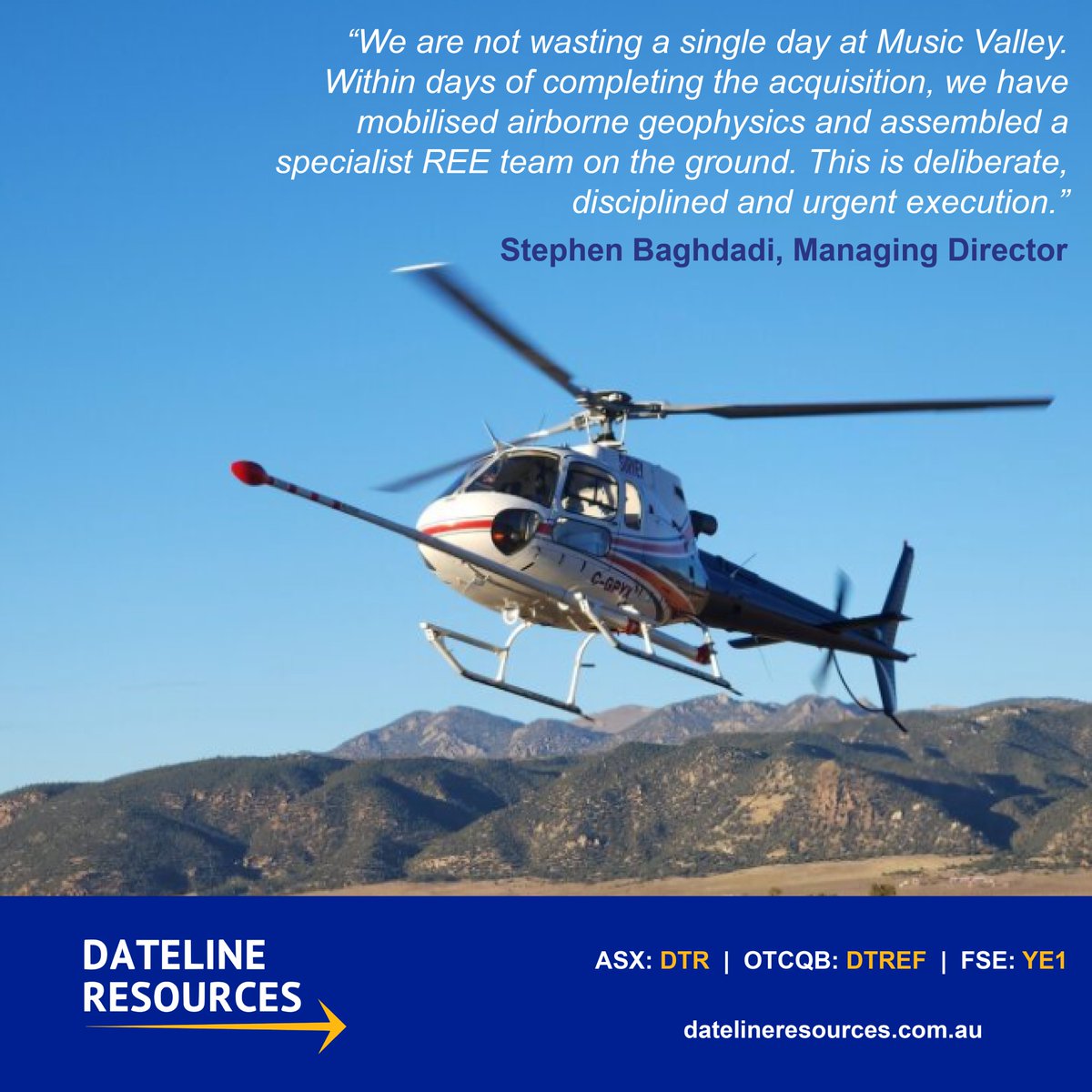 <a href="/Dateline_DTR/">Dateline Resources Limited</a> has kicked off its heavy rare earth exploration program at Music Valley, less than a week after acquiring it.

An airborne radiometric and magnetic survey, plus a specialist REE team on the ground mapping and sampling.

Read the announcement: DTREF.short.gy/MVGPx
