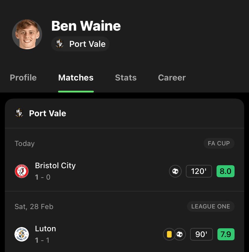 Ben Waine has played 210 minutes in the past 4 days on the Vale Park minefield, and scored in both games. Build this lad a statue now #PVFC