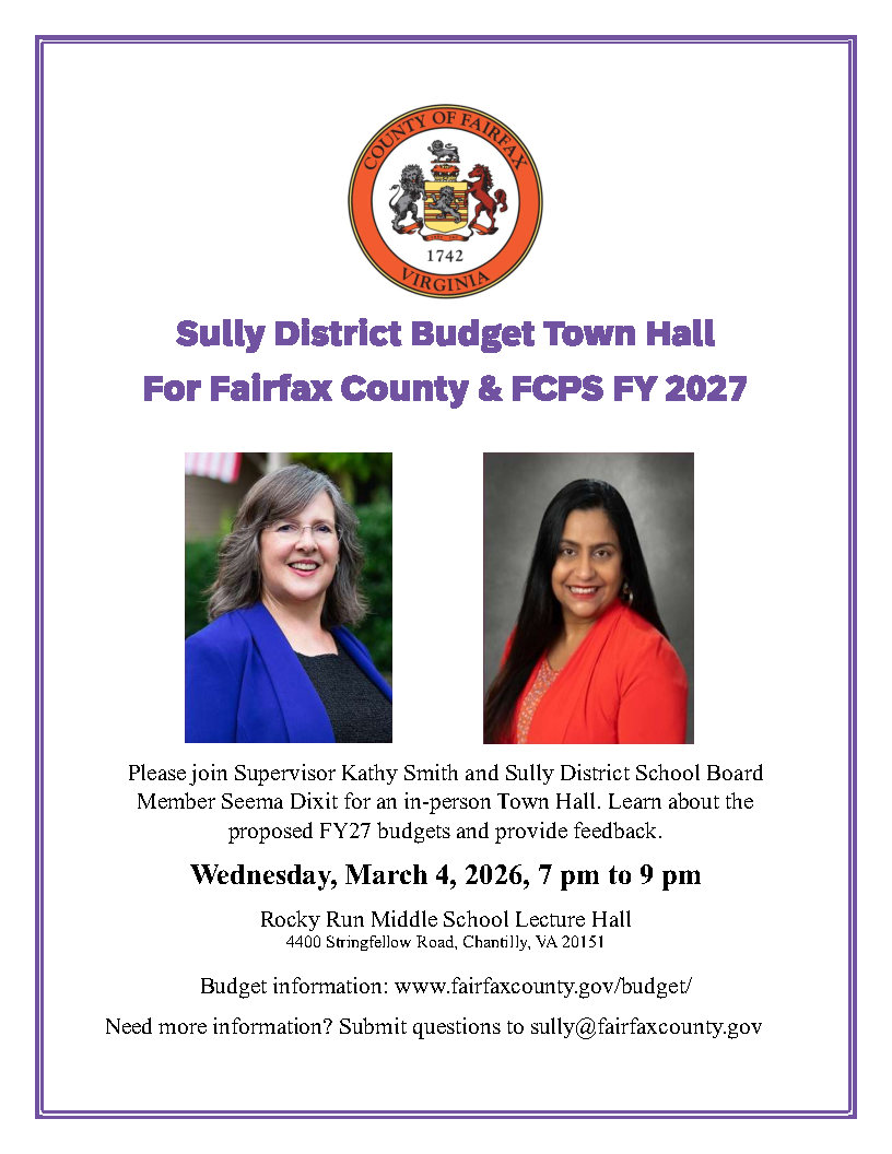 sullydistrict's tweet photo. Sully District Budget Town Hall: Join Supervisor Kathy Smith and Sully District School Board Member Seema Dixit for an in-person Town Hall.
    Learn about the proposed FY27 budgets and provide feedback.
    Date &amp; Time: 3/04/2026 — 7:00 pm to 9:00 pm 
https://t.co/RKeGfi0cD7 https://t.co/gBXcjiCGNK