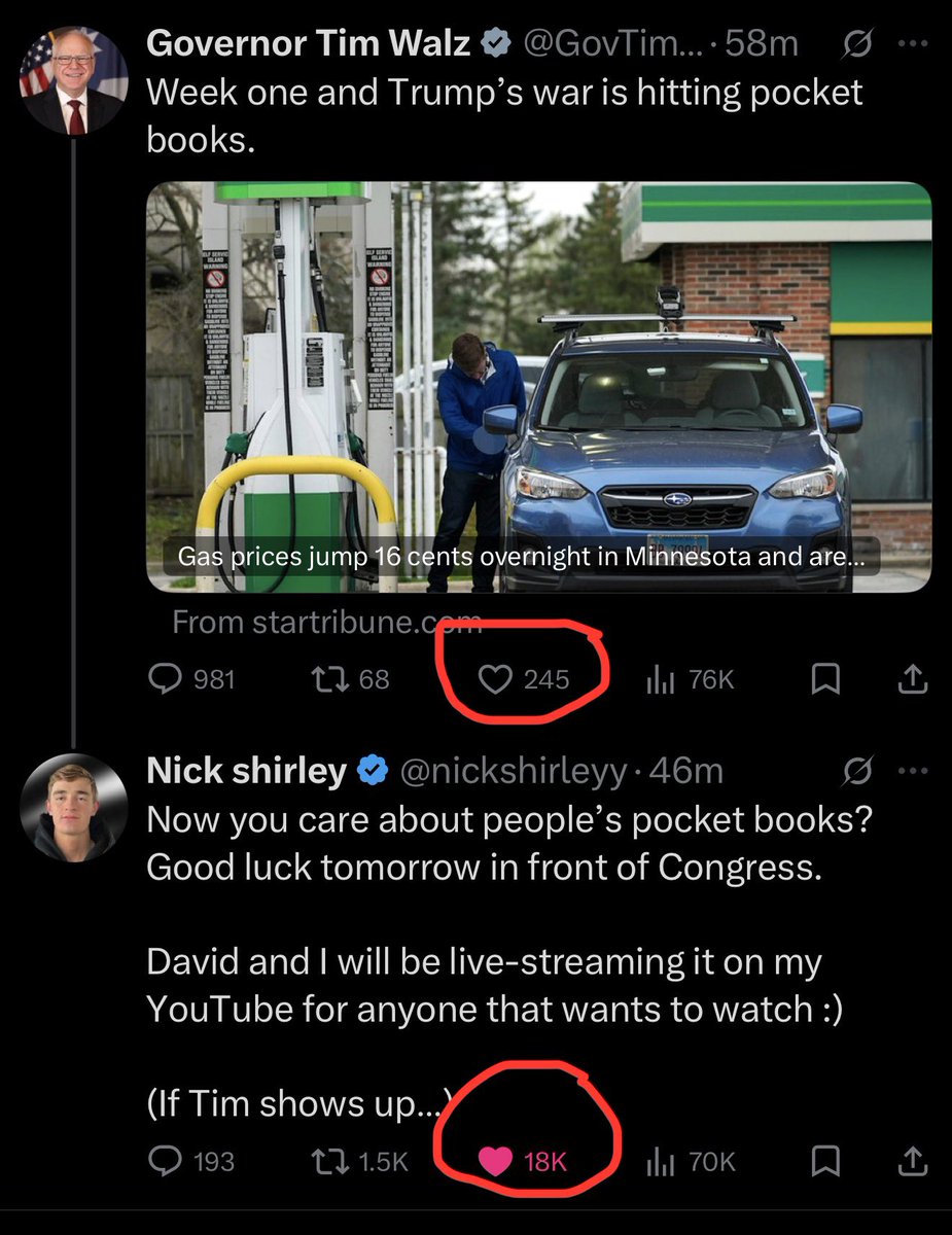 <a href="/GovTimWalz/">Governor Tim Walz</a> Most brutal ratio I ever observed. Tim should delete his account.