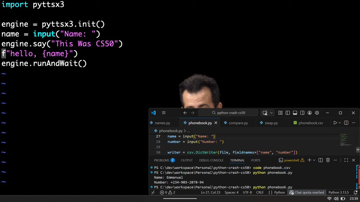 Week 7 of CS50.

First time writing Python after JavaScript all my life.

No braces, semicolons.
Just indentation + discipline 😭

Things I learned:
List comprehensions
Dictionaries like JS objects
Error messages

Unlearning noise.
Relearning fundamentals.

We move.

#MLOInTech