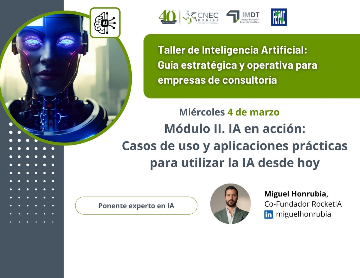 CNEC_Mexico's tweet photo. 🚀🤖 Mañana a las 10:00 h (CDMX) es la última sesión del Taller de I.A.
CNEC y FEPAC te invitan a una sesión ejecutiva, dinámica y estratégica para integrar IA en tu firma consultora.
📅 4 de marzo
👉 Registro: https://t.co/UI3iECpPAw
#CNEC #FEPAC #IA #Consultoría #Tecnología https://t.co/5ewKR7aCZK